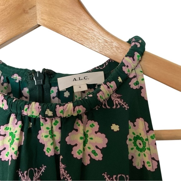 A.L.C. Tank Top Green Purple Peacock Birds Silk Halter Neck Blouse 4 1653 - Picture 2 of 7